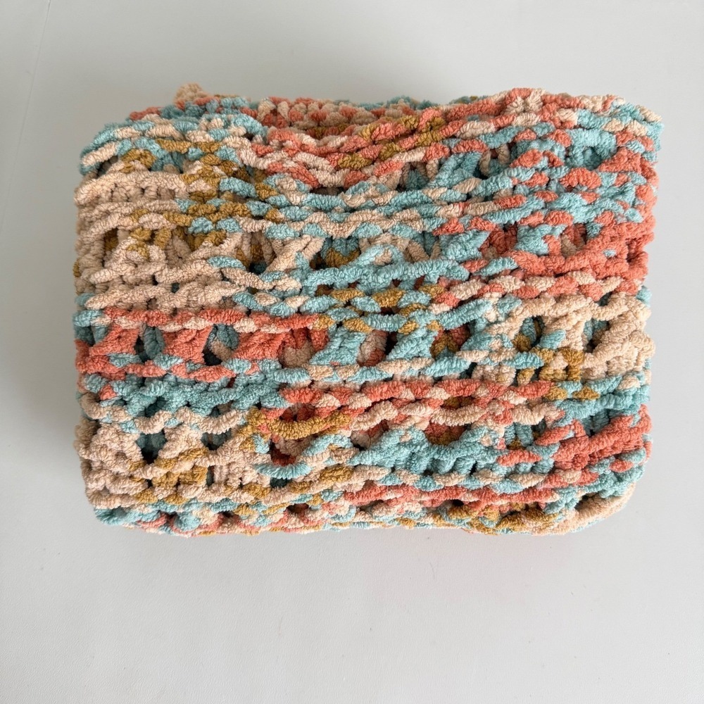 Handmade Crochet Chenille Boho Blanket Cottage Throw Lapghan Teal Coral 45x38